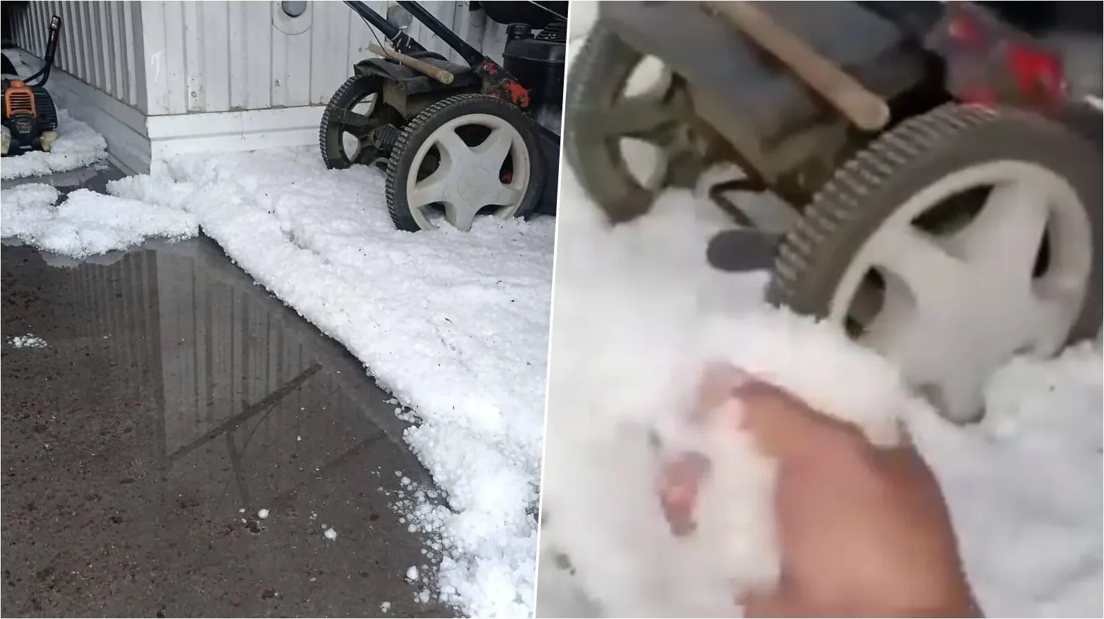 Krupne kugle grada zaglavljene oko točkova kosilice i pokraj kuće.