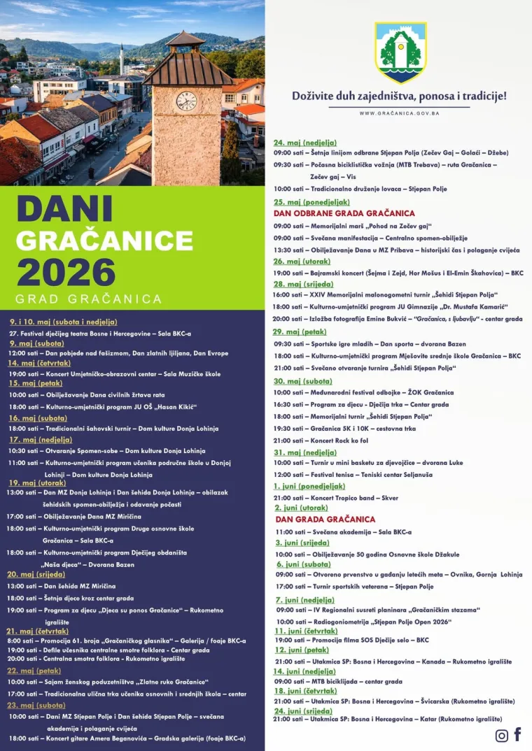 Program manifestacije "Dani Gračanice 2026" sa prikazom tornja i zgrade Općine Gračanica.