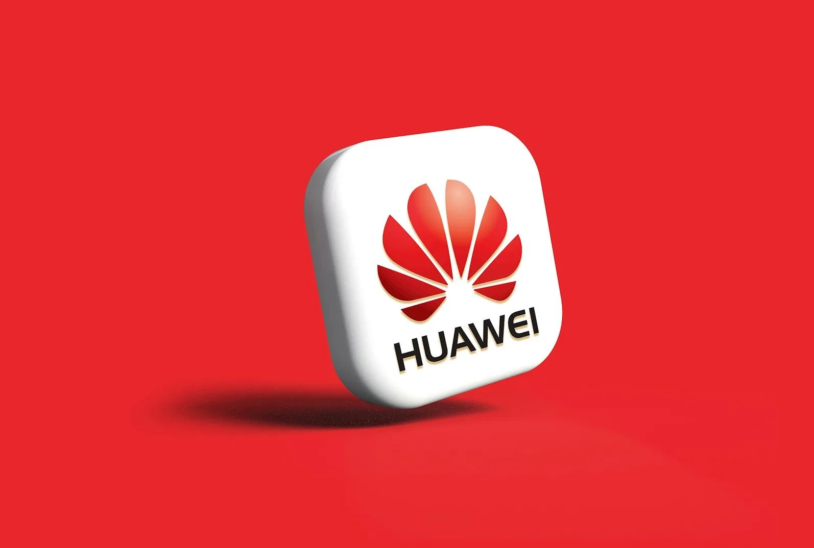 Huawei logo na bijelom kvadratu s crvenim laticama i natpisom HUAWEI, na crvenoj pozadini.