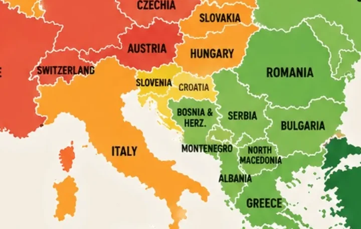 Mapa Evrope koja prikazuje Italiju, Sloveniju, Hrvatsku, Bosnu i Hercegovinu, Srbiju, Crnu Goru, Sjevernu Makedoniju, Albaniju i Grčku, kao i Austriju, Mađarsku, Rumuniju i Bugarsku.