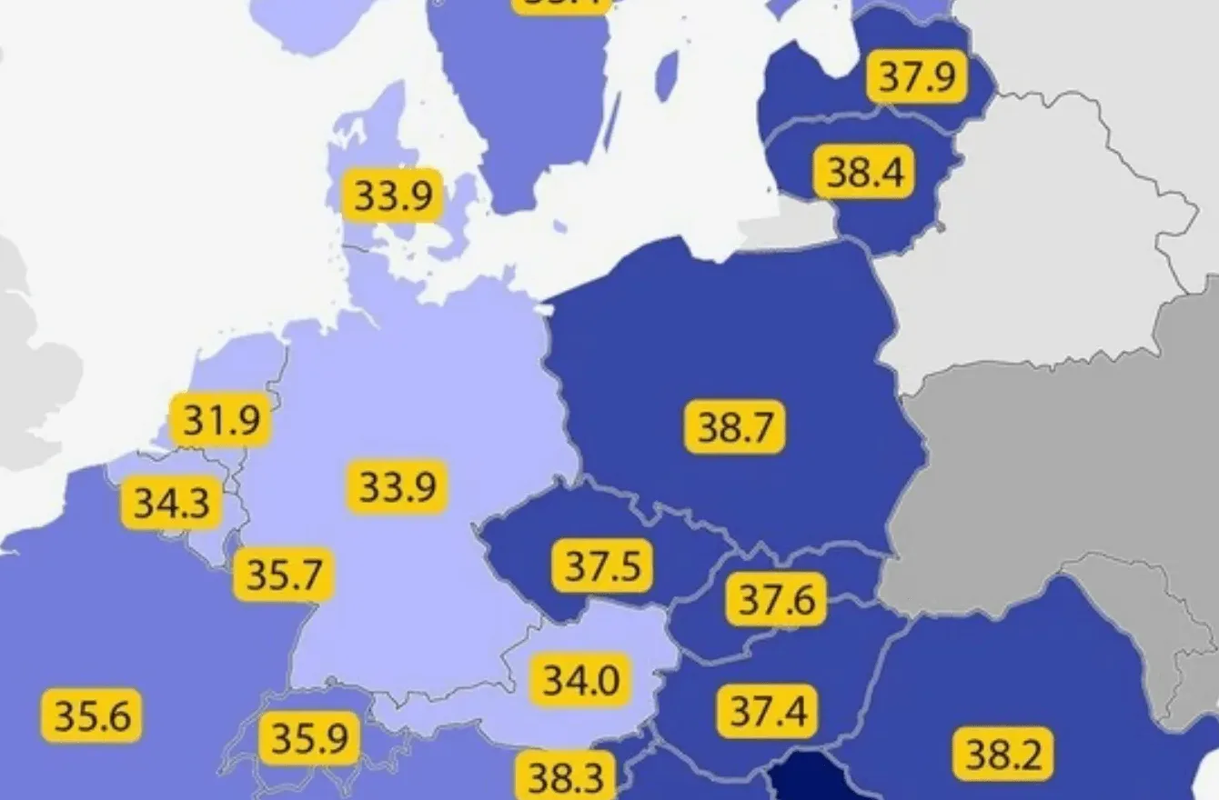 Mapa Evrope sa označenim temperaturama u Celzijusima, prikazanim u žutim okvirima na različitim lokacijama.