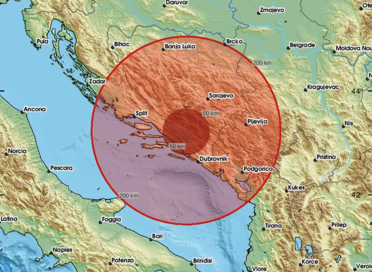 Karta koja prikazuje epicentar potresa i zone uticaja