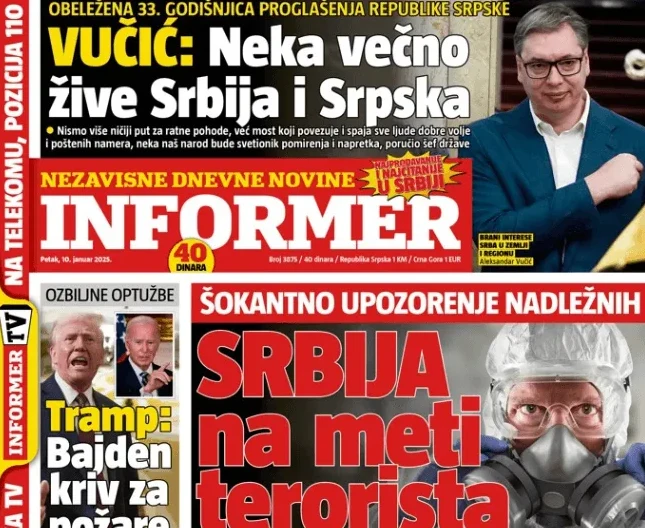 Naslovna stranica novina Informer sa slikama Aleksandra Vučića, Donalda Trampa i Džoa Bajdena, te naslovima 'Vučić: Neka vječno žive Srbija i Srpska' i 'Srbija na meti terorista'.