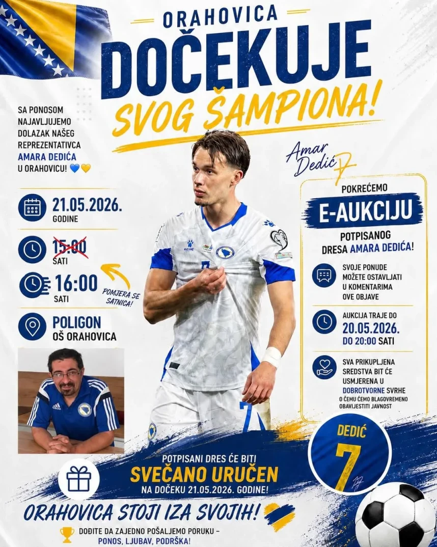 Plakat najavljuje doček nogometnog reprezentativca Amara Dedića u Orahovici, kao i e-aukciju potpisanog dresa.