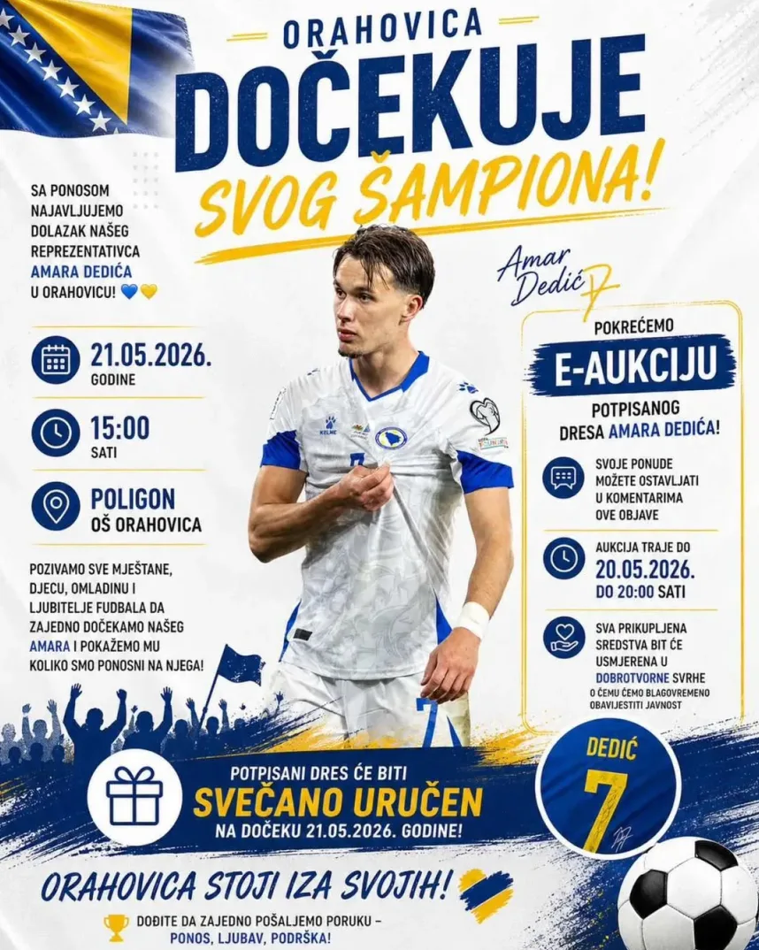 Plakat za doček Amara Dedića u Orahovici 21.05.2026. godine, uz najavu e-aukcije potpisanog dresa za humanitarne svrhe.