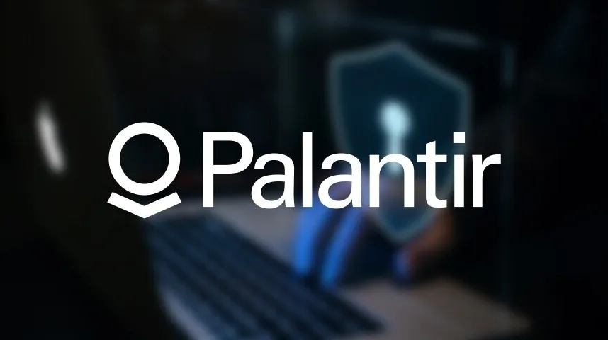 Palantir logo sa štitom i ključem u pozadini