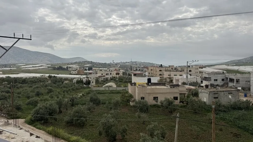 Panorama naselja okruženog maslinjacima, plastenicima i brdima pod oblačnim nebom.