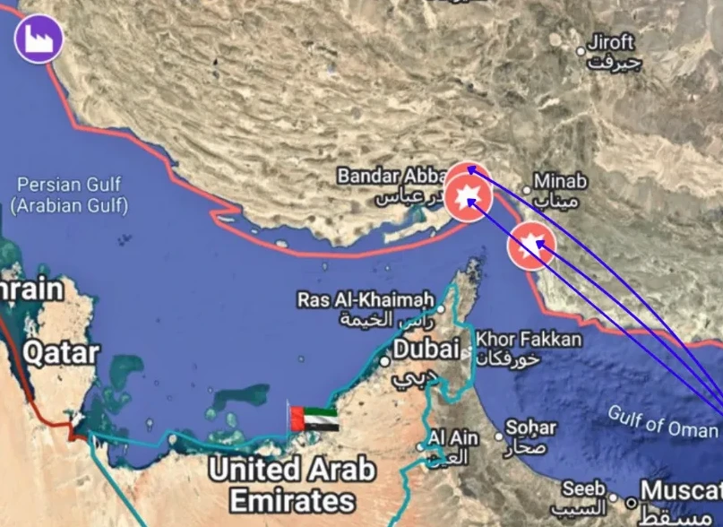 Karta koja prikazuje rutu i lokacije duž Perzijskog zaljeva i Omanskog zaljeva, sa istaknutim gradovima poput Dubaija, Katara i Basre, te lokacijama u Iranu i Ujedinjenim Arapskim Emiratima.