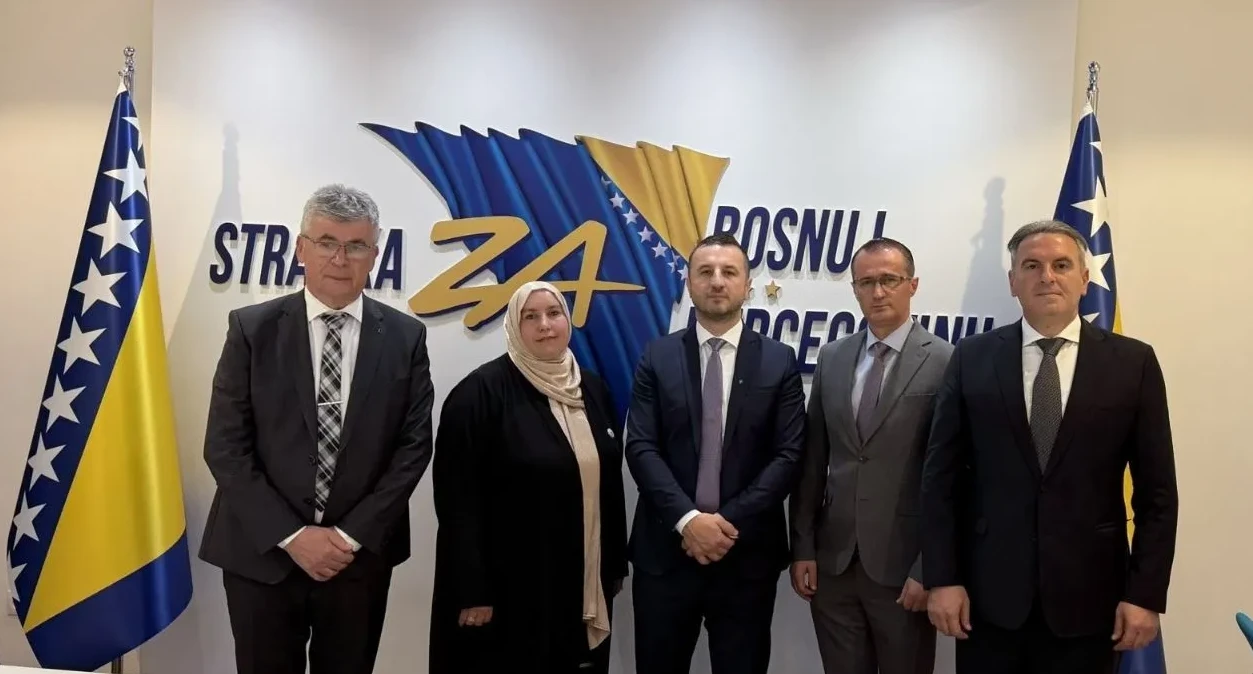 Petoro ljudi u formalnom odijelu stoji ispred zastave Bosne i Hercegovine i pozadine sa logotipom političke stranke.