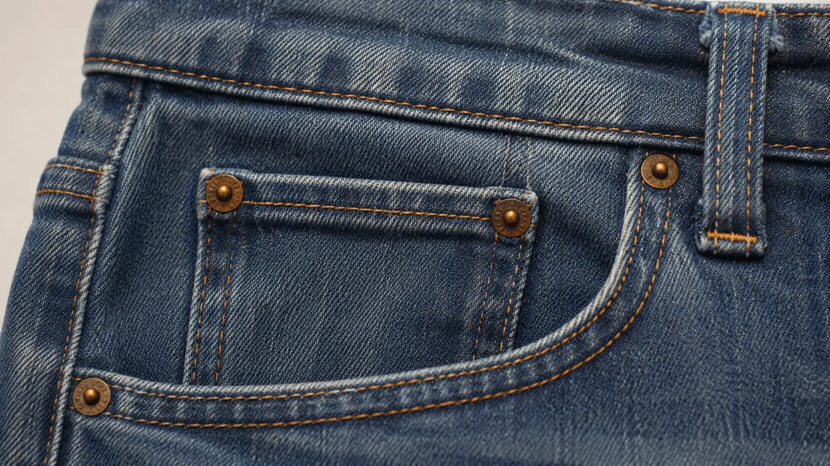 Detalj plavih džins pantalona sa džepom i nitnama.