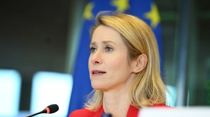 Žena sa plavom kosom govori u mikrofon, sa zastavom Evropske unije u pozadini.