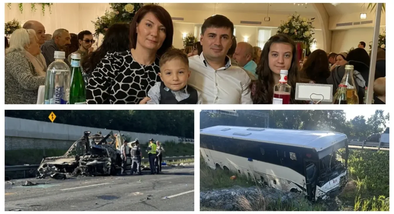 Kolaž fotografija: Porodica na proslavi, uništeni automobil na putu, autobus sletio s puta