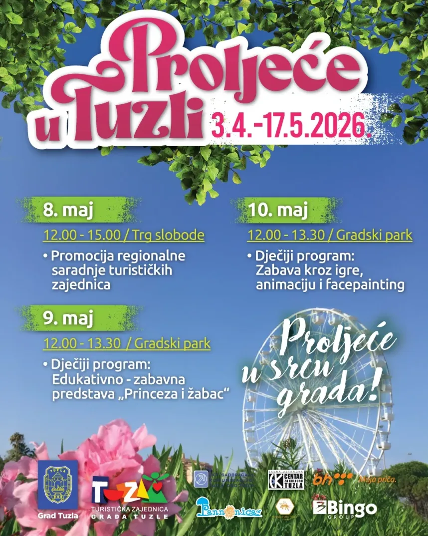 Plakat za manifestaciju "Proljeće u Tuzli" koja se održava od 3. do 17. maja 2026. godine.