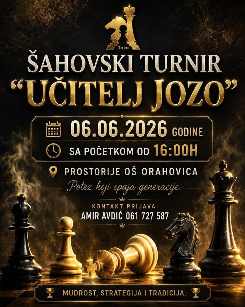 Plakat za šahovski turnir "Učitelj Jozo" koji se održava 06.06.2026. u Orahovici sa početkom u 16:00h.