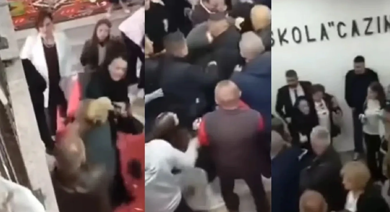 Sukob i guranje više osoba ispred zgrade sa natpisom "ŠKOLA 'CAZIN'"