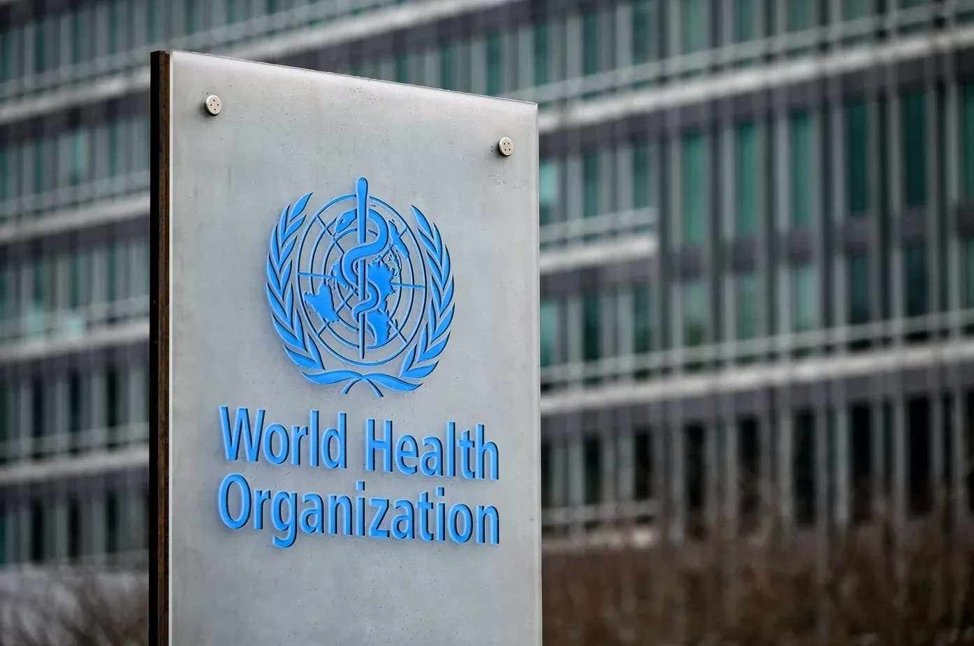 Plavi grb Svjetske zdravstvene organizacije i natpis "World Health Organization" na metalnom znaku.