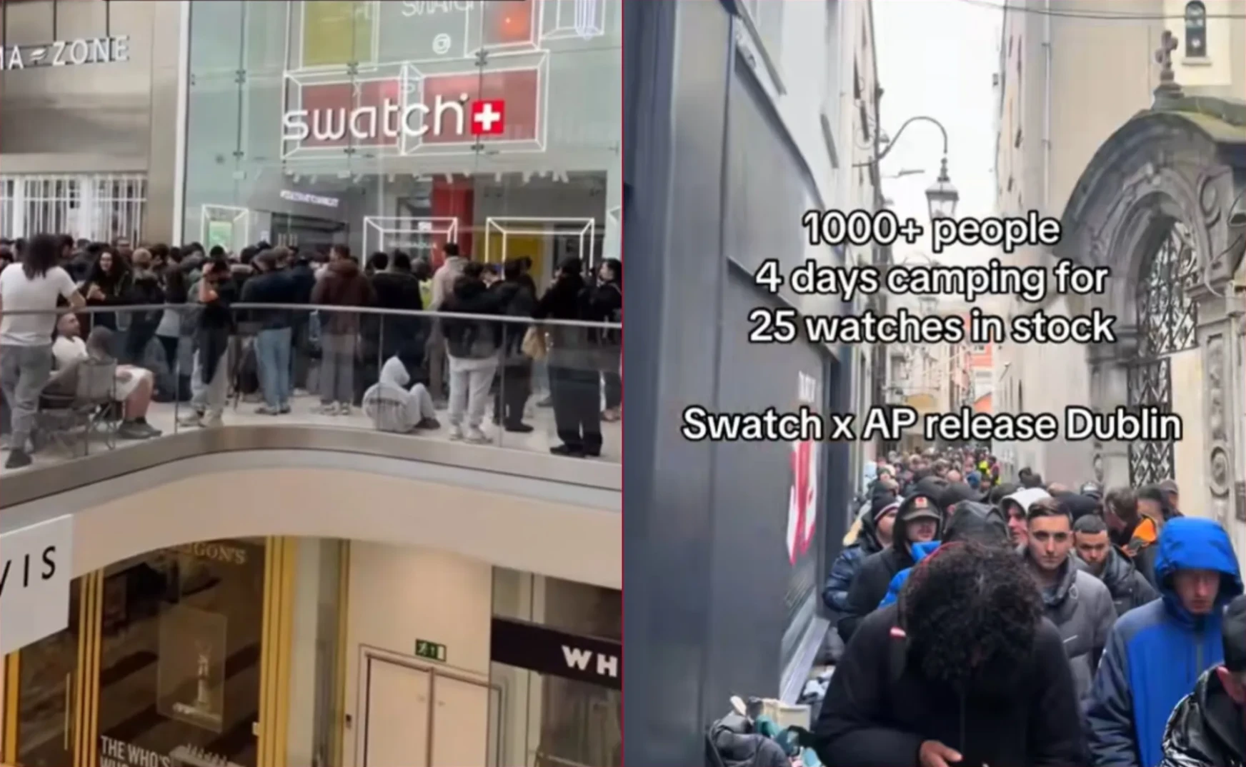 Veliki broj ljudi čeka ispred Swatch prodavnice u Dublinu, u Irskoj, radi lansiranja Swatch x AP sata.