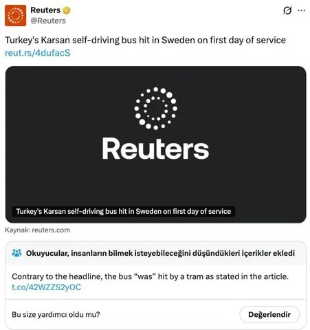 Snimak ekrana tvita agencije Reuters koji izvještava o nesreći turskog autonomnog autobusa Karsan u Švedskoj.
