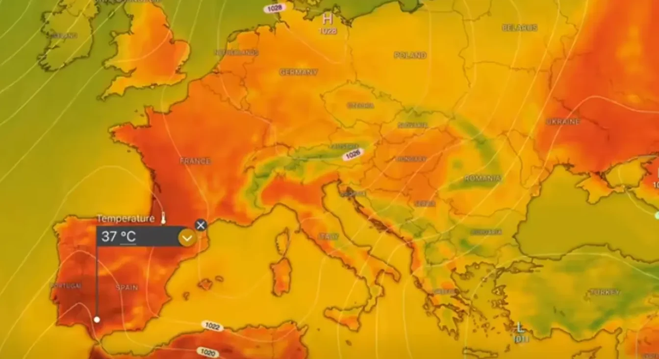 Karta Evrope sa prikazom visoke temperature, sa naznačenom temperaturom od 37°C u Španiji.