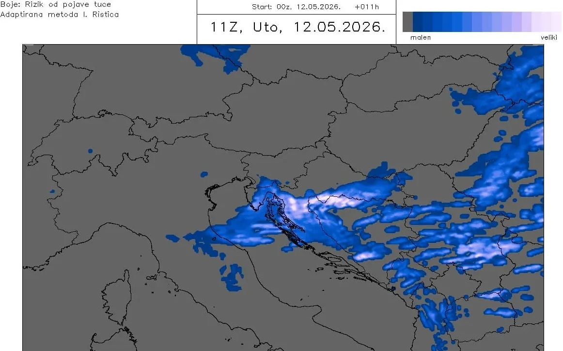 Mapa Evrope sa prikazom rizika od pojave oluje u vidu plavih oblaka.
