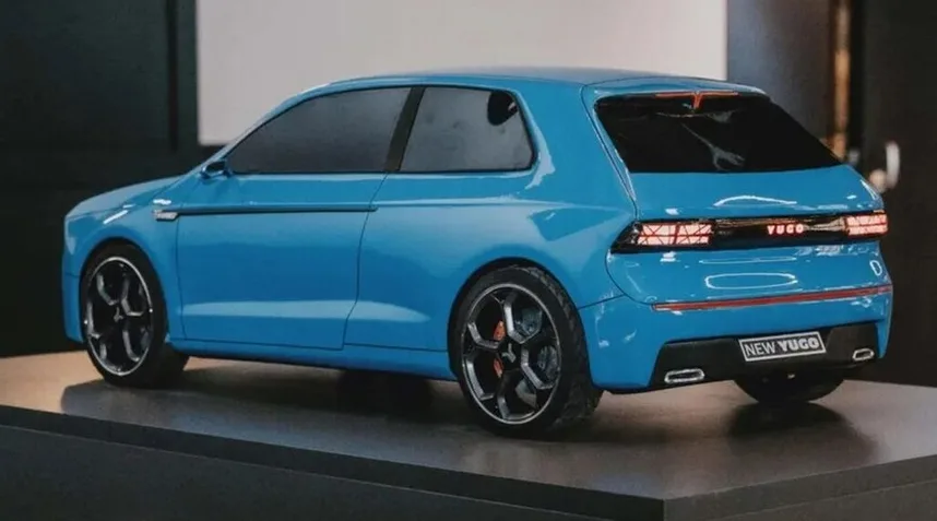 Plavi automobil marke Yugo sa modernim dizajnom, pogled sa strane i straga.