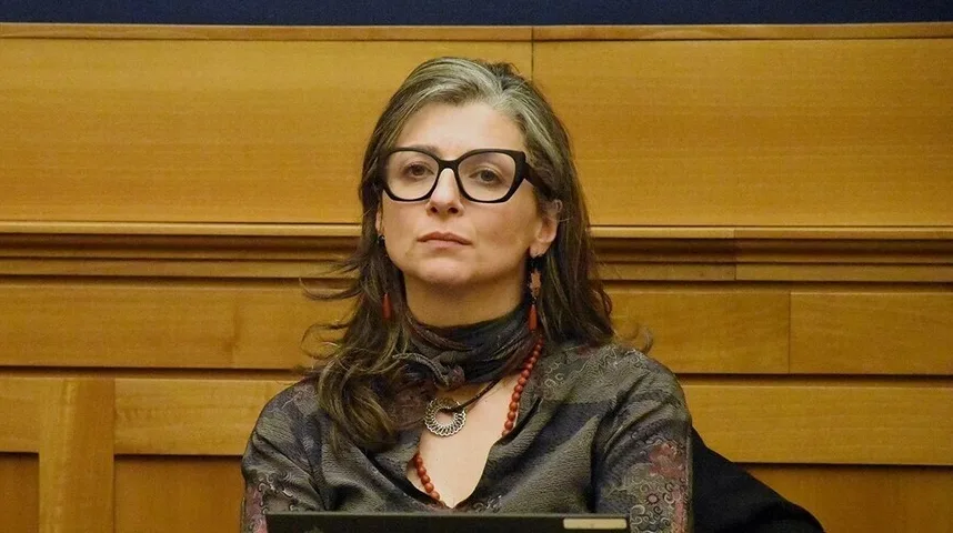 Žena sa sivom kosom i velikim crnim naočarima, noseći nekoliko ogrlica i šarenu košulju, sjedi ispred drvene obloge.
