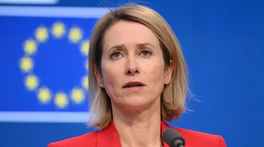 Portret žene sa plavom kosom i crvenim sakoom ispred zamućene zastave Evropske unije.