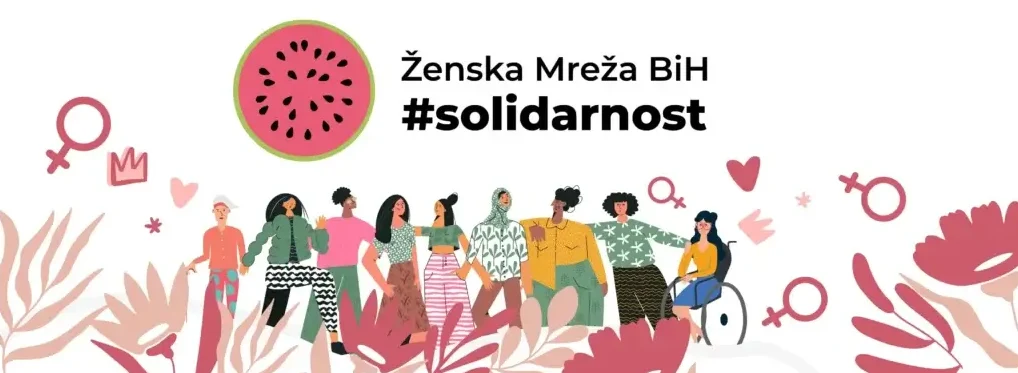 Ilustracija grupe žena različitih etničkih pripadnosti i sposobnosti, koje stoje zajedno, uz natpis 'Ženska Mreža BiH #solidarnost' i simbol breskve.