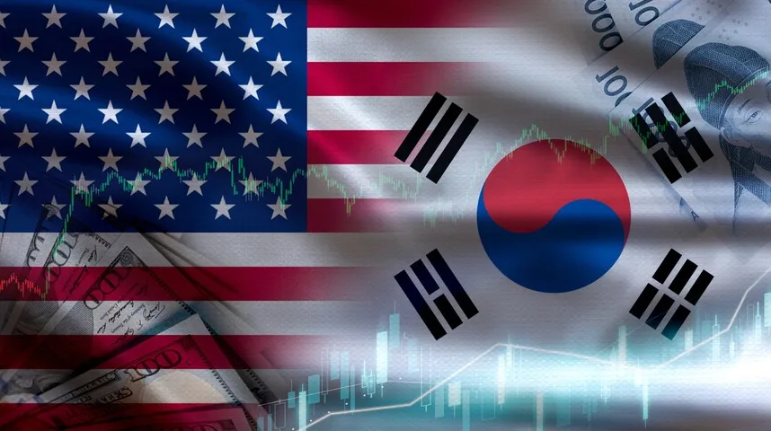 Amblemi Sjedinjenih Američkih Država i Južne Koreje s novčanicama i grafikonima