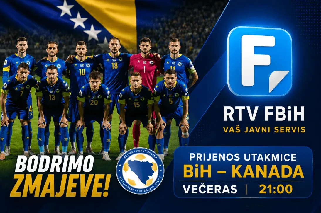 Fudbalska reprezentacija Bosne i Hercegovine u plavim dresovima, sa zastavom BiH iza njih, najava prijenosa utakmice BiH - Kanada na RTV FBiH.