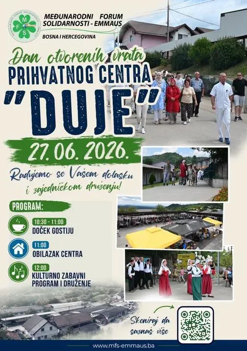 Plakat za Dan otvorenih vrata Prihvatnog centra "Duje" koji će se održati 27. juna 2026. godine. Program uključuje doček gostiju, obilazak centra te kulturno-zabavni program i druženje.