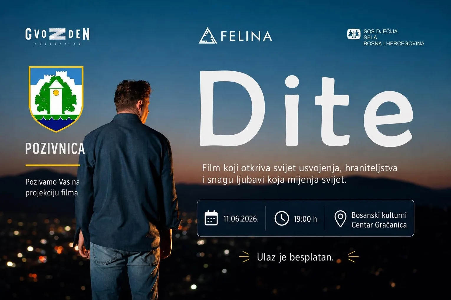 Pozivnica na projekciju filma 'Dite' u Bosanskom kulturnom centru Gračanica, 11.06.2026. u 19:00 h. Ulaz je besplatan.