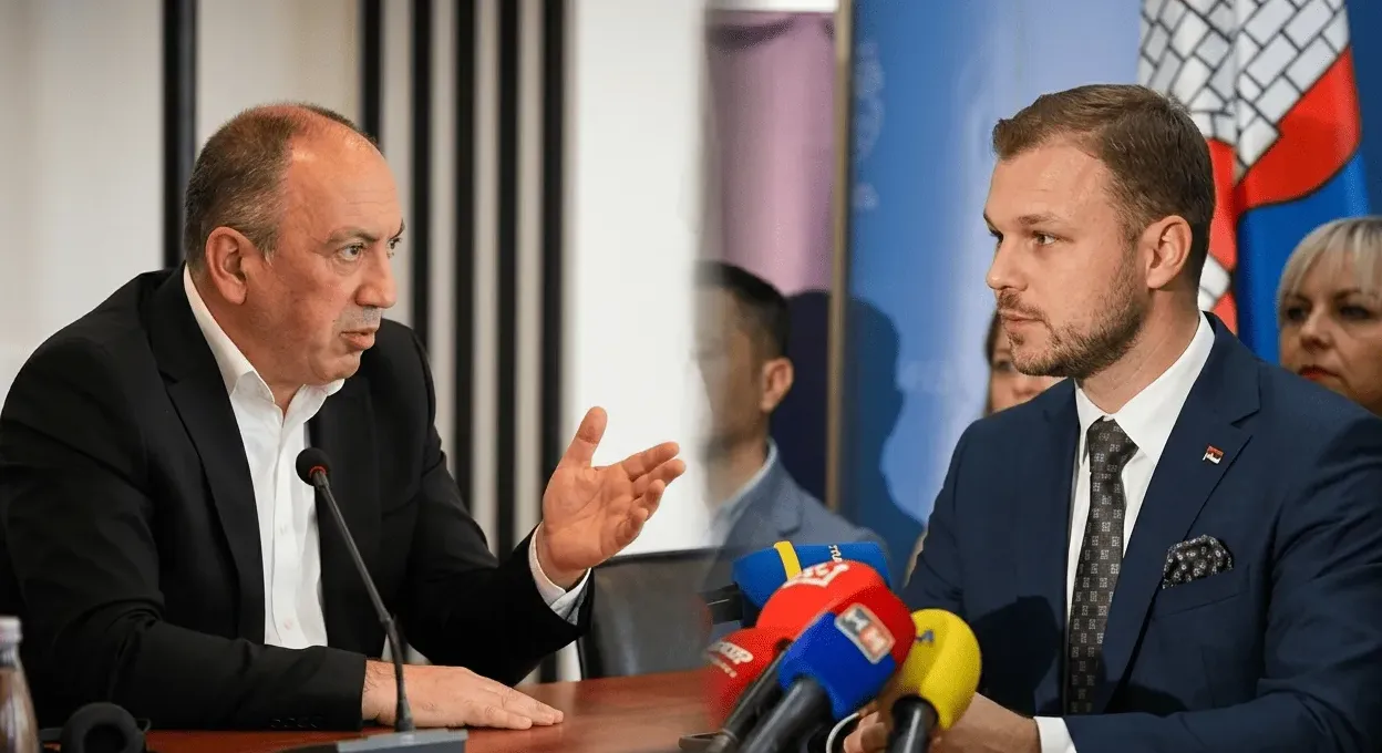 Dva muškarca u odijelima na konferenciji za medije, jedan govori u mikrofon, drugi sluša.