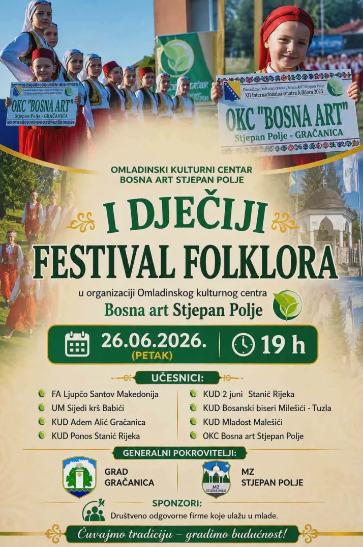 Plakat za dječiji festival folklora "Bosna Art" u Stjepan Polju, 26. juna 2026. godine u 19 sati.