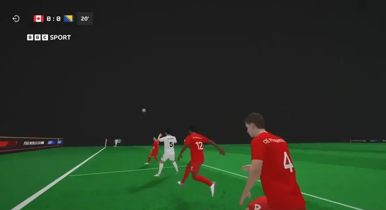 Fudbaleri u crvenim dresovima i bijelim dresovima igraju fudbal na terenu FIFA Svjetskog kupa.