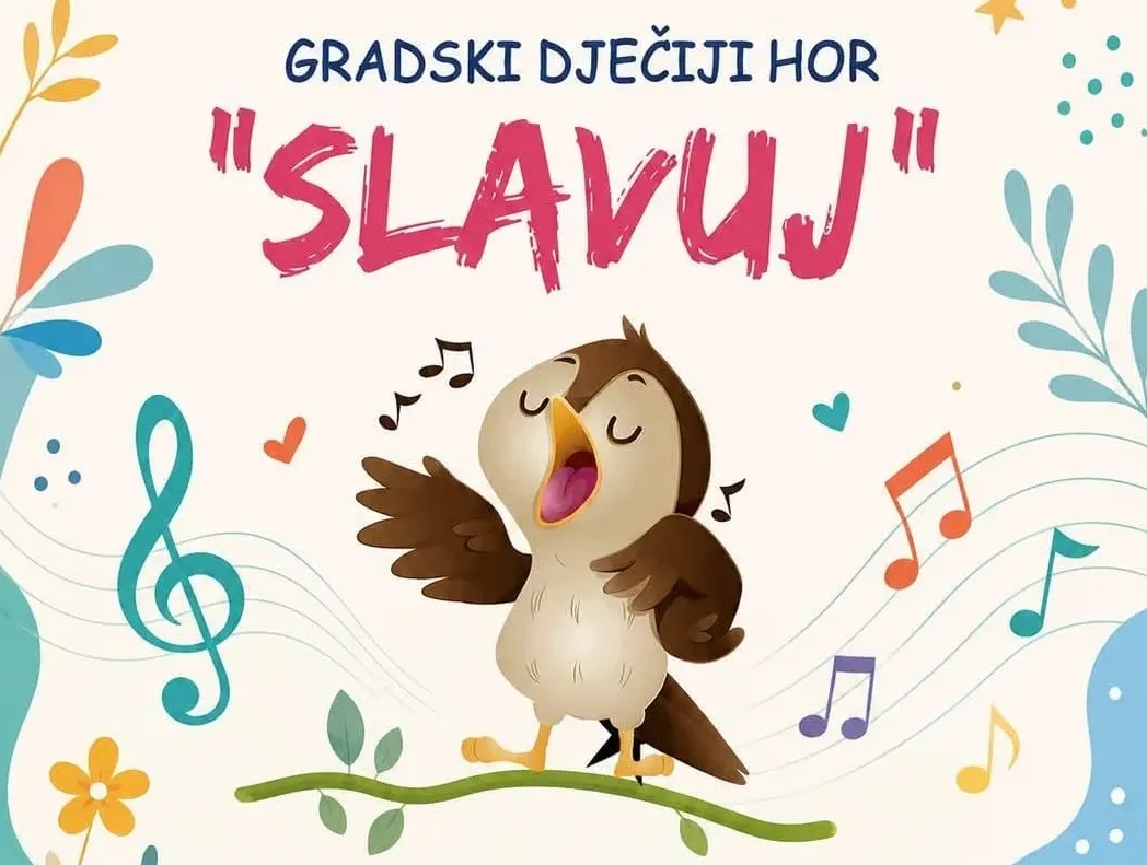 Ilustracija ptice koja pjeva sa notama oko nje i natpisom "Gradski dječiji hor 'Slavuj'"