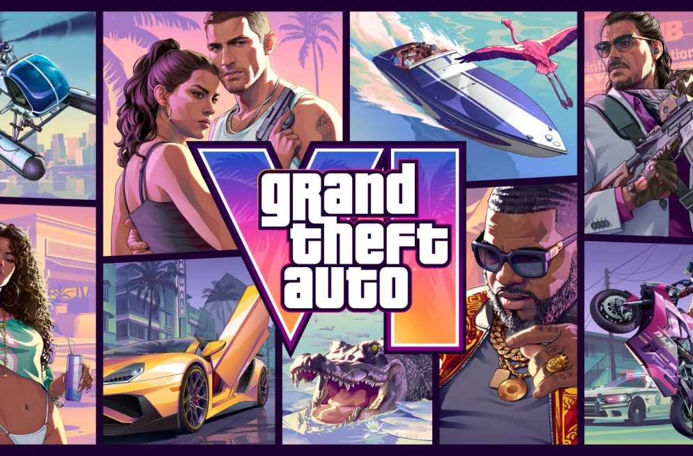 Montaža likova i elemenata iz igre Grand Theft Auto VI, uključujući par, helikopter, gliser, muškarca s puškom, ženu, automobil, aligatora i motociklistu.