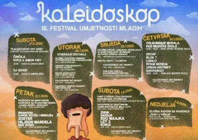 Plakat za 16. festival umjetnosti mladih 'Kaleidoskop' koji prikazuje raspored događanja od subote 27. jula do nedjelje 2. augusta 2026.