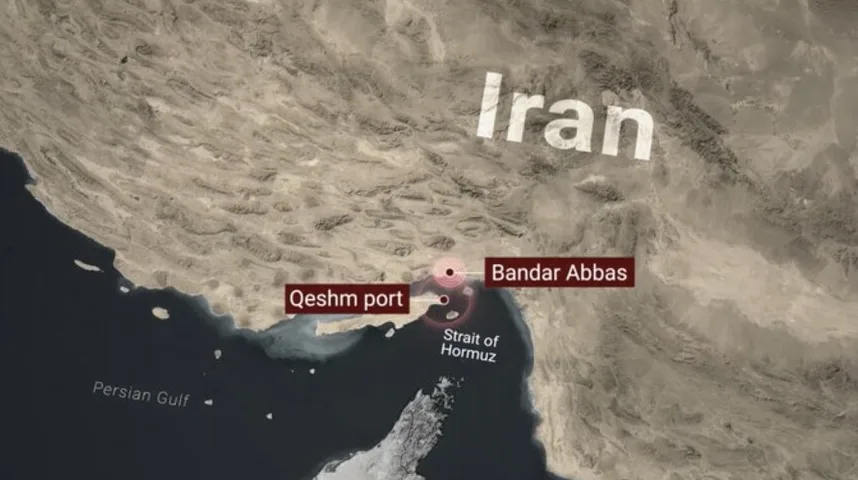 Mapa Irana sa istaknutim lukom Qeshm i Bandar Abbas, te Ormuškim tjesnacem.