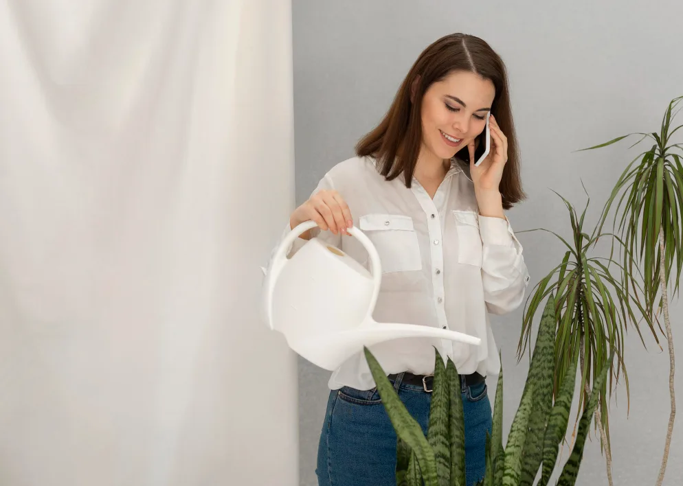 Nasmijana mlada žena u bijeloj košulji i plavim farmericama sa zaljevačem u ruci, istovremeno razgovara na mobilni telefon, pored nje su dvije sobne biljke.