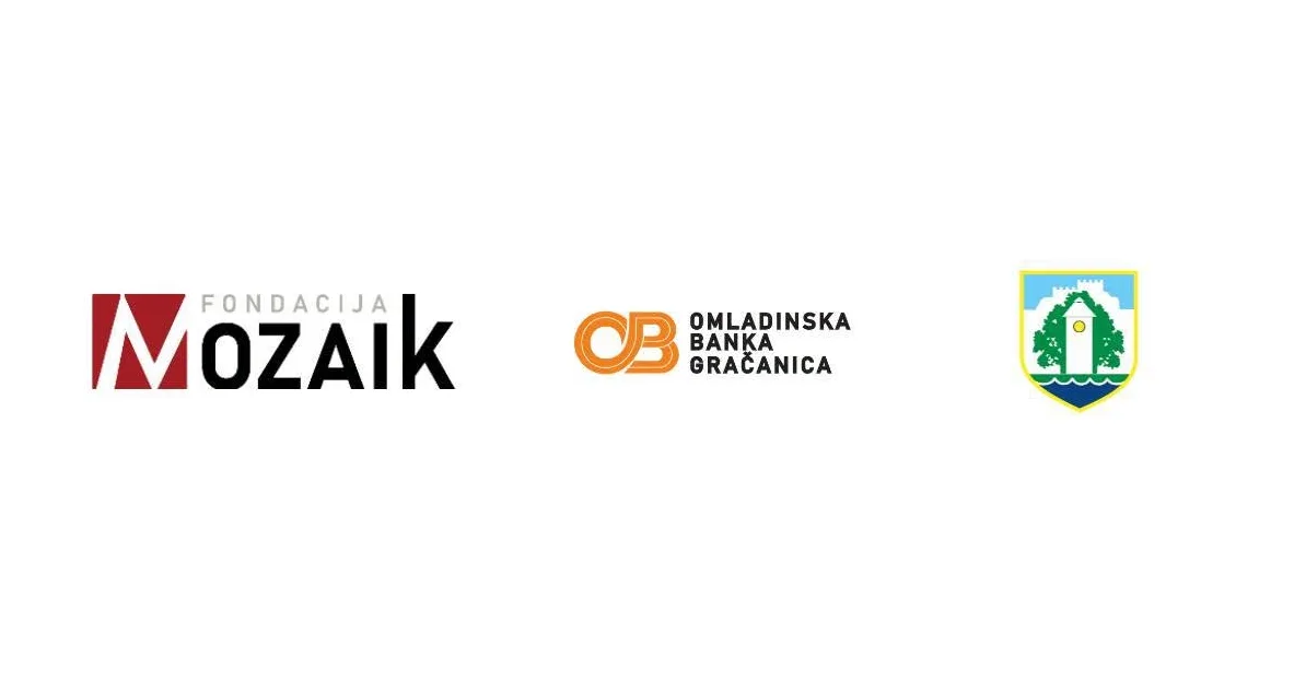 Logotipi Fondacije Mozaik i Omladinske banke Gračanica, te grb grada Gračanice.
