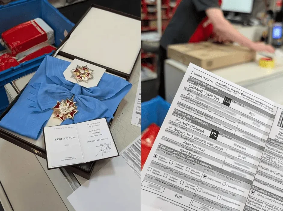 Fotografija prikazuje ukrasni orden Bijelog orla u kutiji, sa plavom trakom i bedžom, pored dokumenta na poljskom jeziku sa natpisom 'Legitimacija'. Pored toga, vidi se dio međunarodne pošiljke 'Nova Pošta' sa adresom pošiljaoca iz Ukrajine i primaoca iz Poljske.