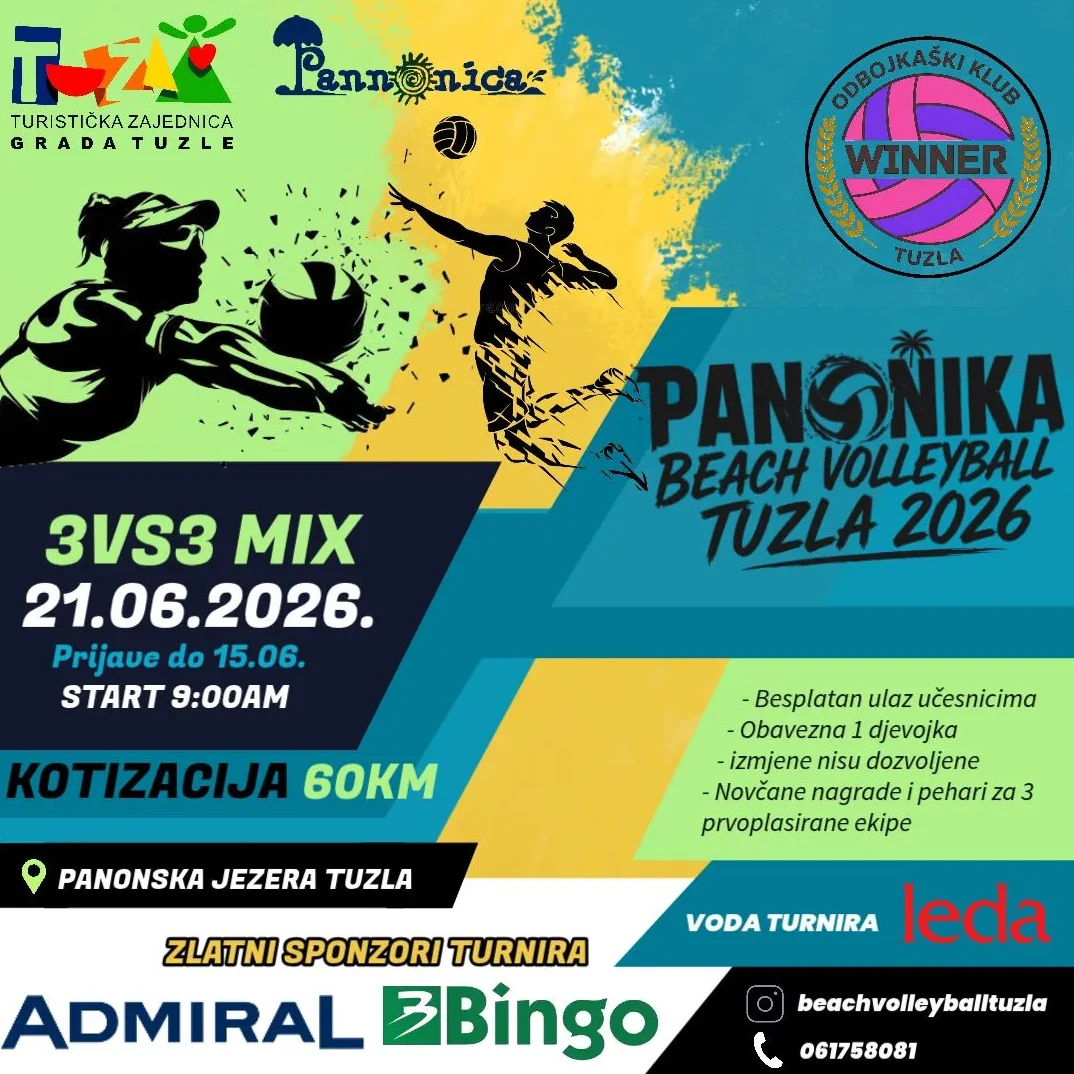 Plakat za "Panonka Beach Volleyball Tuzla 2026" turnir u odbojci na pijesku.