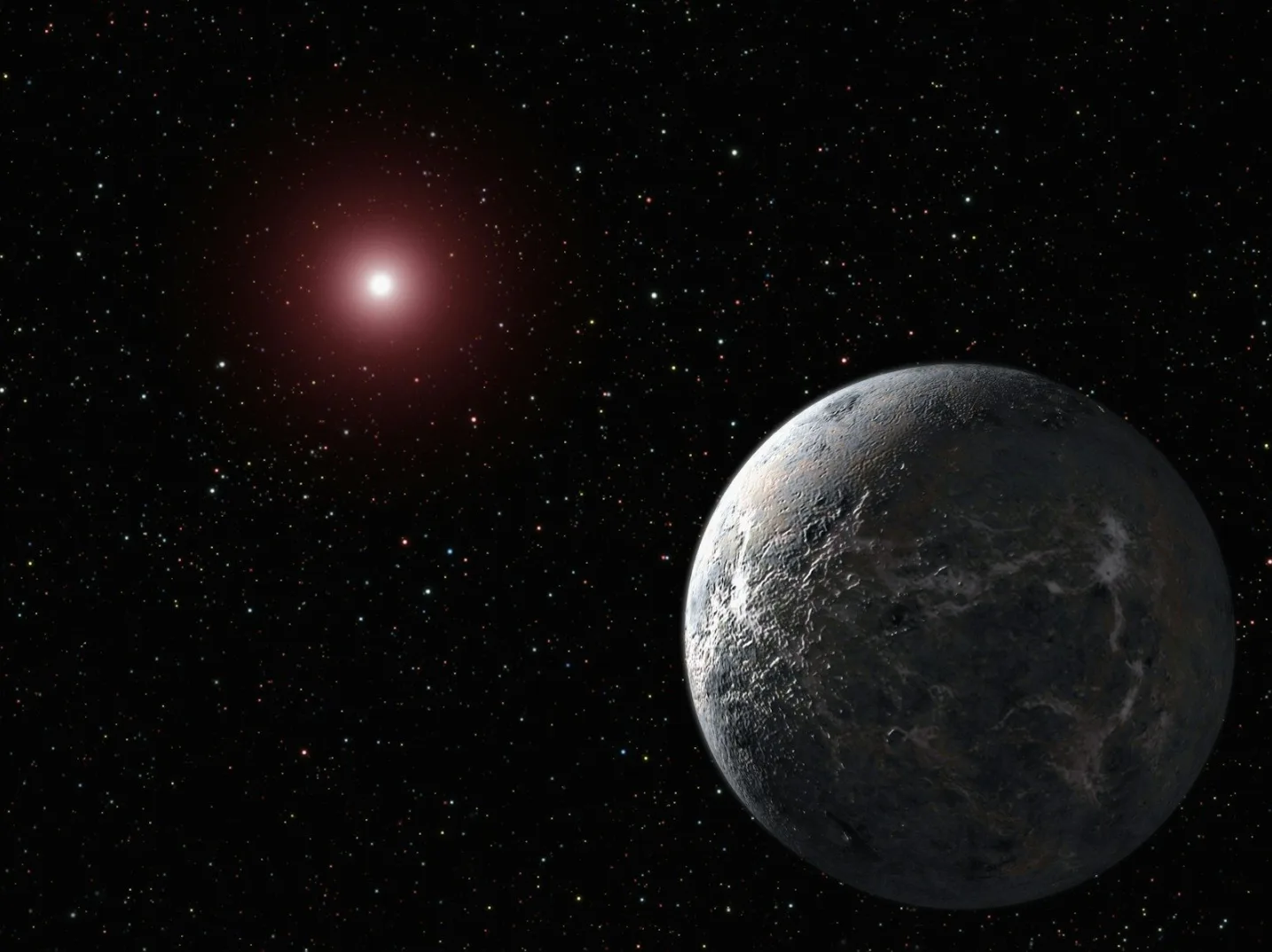 Prikaz planete i udaljene crvene zvijezde na tamnom svemirskom nebu punom zvijezda.