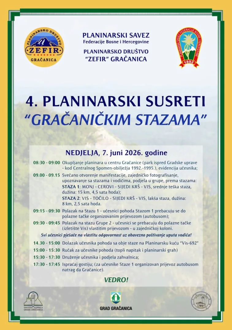 Plakat za 4. planinarske susrete "Gračaničkim stazama" koji će se održati u nedjelju, 7. juna 2026. godine.