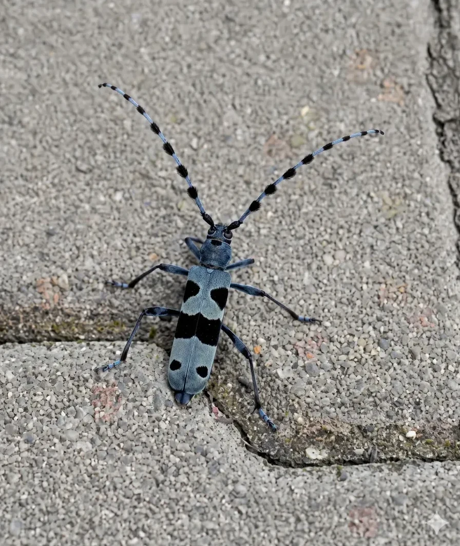 Plavi svrdlaš sa crnim mrljama i dugim antenama na betonskim popločanjima.
