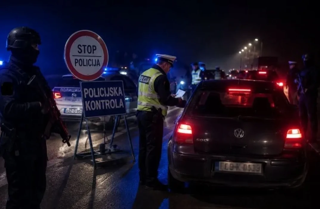Policajac zaustavlja automobil na punktu noću, saobraćajne gužve i službena vozila.