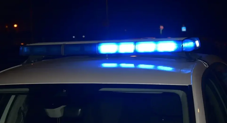 Plava rotirajuća svjetla policijskog automobila na krovu, osvijetljena u noći.