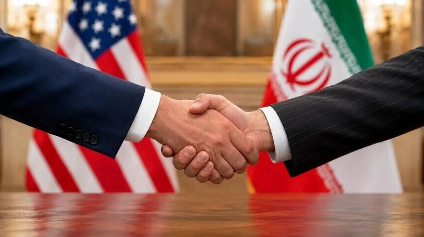 Ruka u odijelu pruža se drugoj ruci u odijelu na pozadini zastava Sjedinjenih Američkih Država i Irana, simbolizirajući sporazum ili diplomatski odnos.