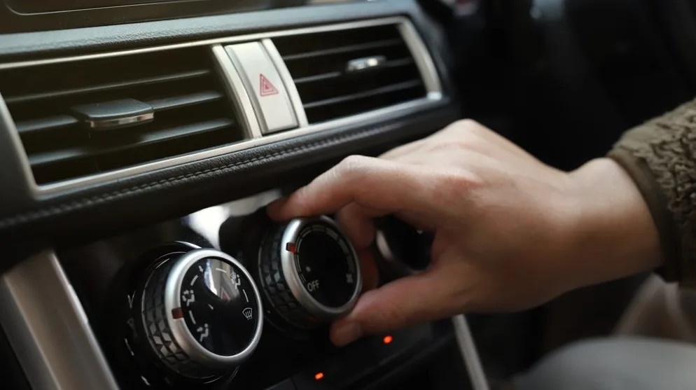 Ruka vozača okreće točkić za kontrolu klima uređaja u automobilu.